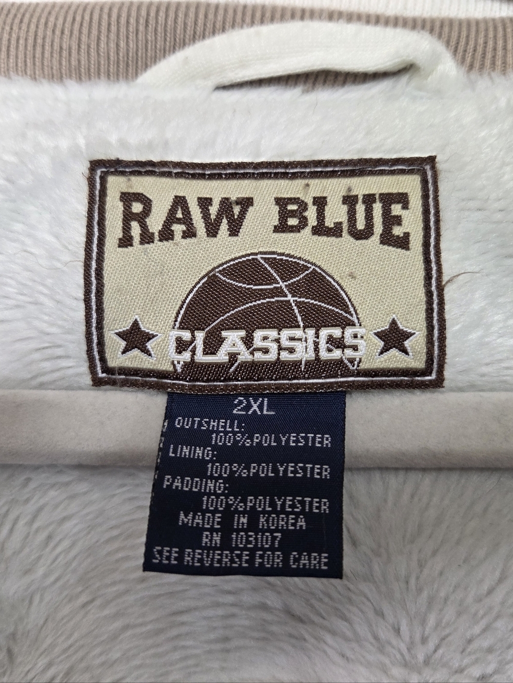 Raw Blue Classics Varsity Jacket 2XL Faux Fur Sherpa Bomber Y2K Basketball Patch - Picture 2 of 13